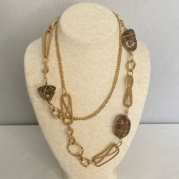 Mixed Chain Opera Length Necklace Wired Brown Lucite Stones - Picture 1 of 12